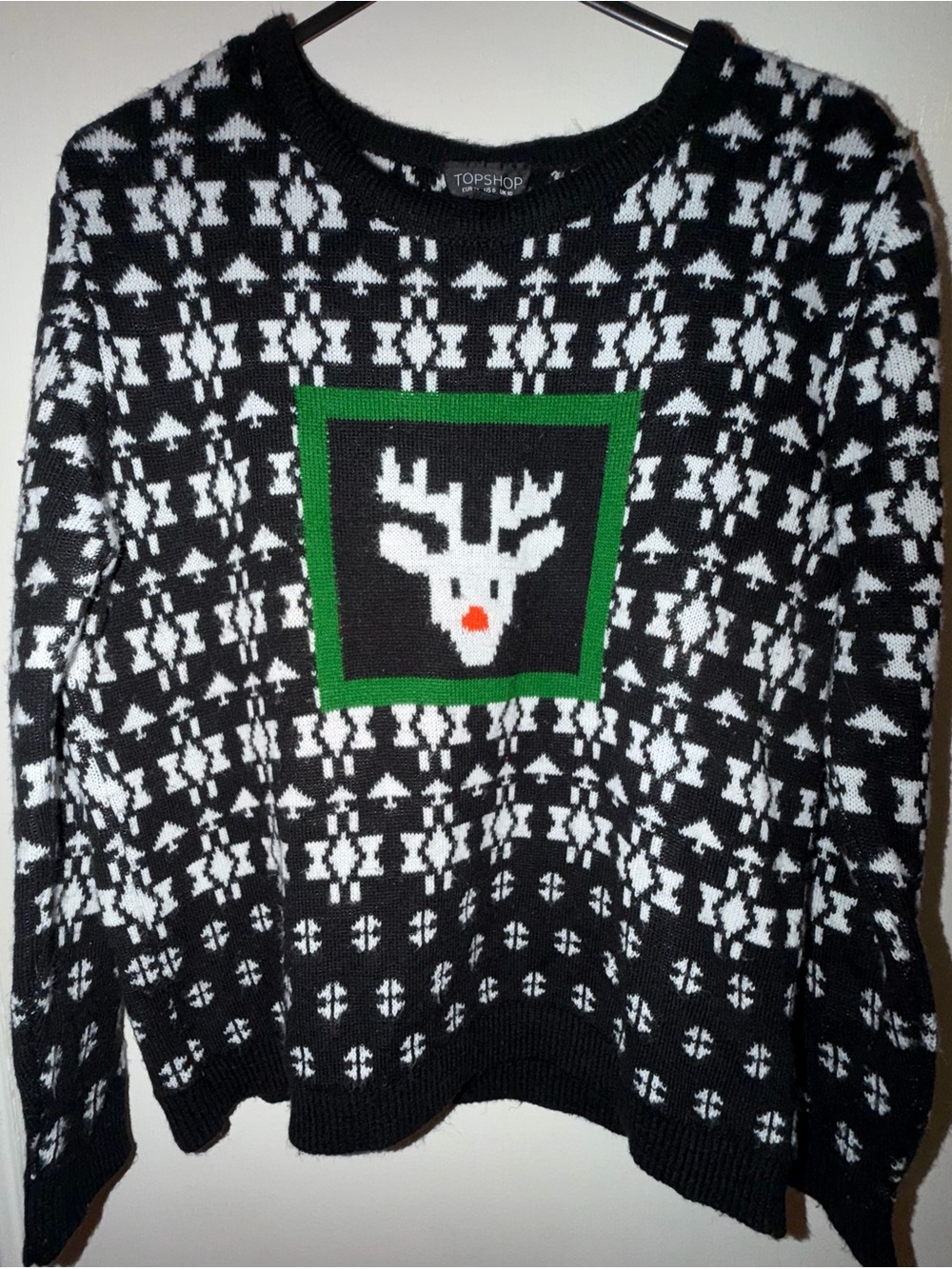 TOPSHOP Black & White Reindeer Crewneck with Green Frame